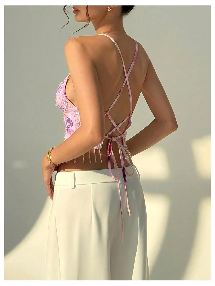 MAKEMECHIC Floral Sequin Fringe Crop Top, view 3