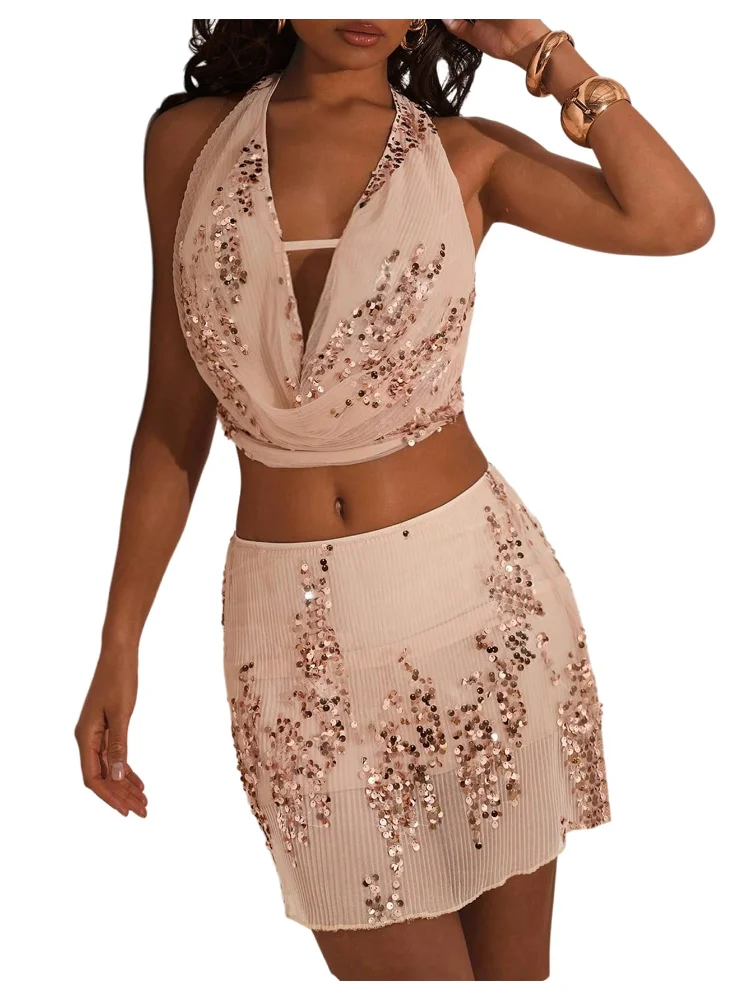 MAKEMECHIC Sequin Glitter Draped Skirt Set