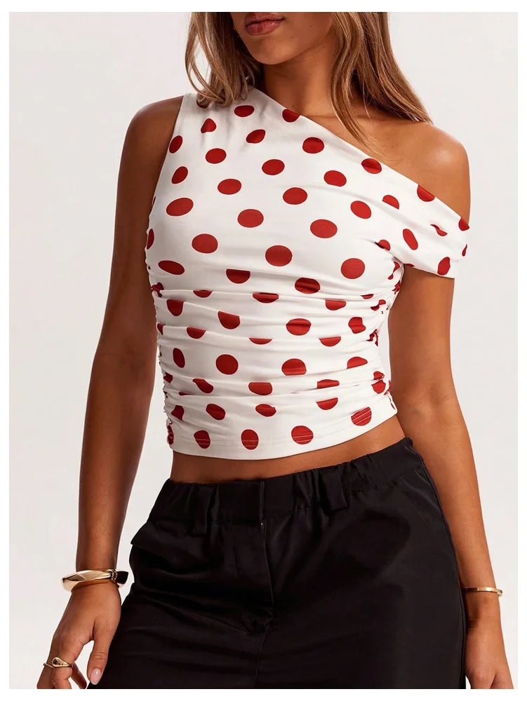 MAKEMECHIC Polka Dot Asymmetrical Crop Top, view 2