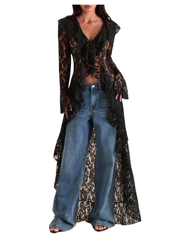 MAKEMECHIC Long Lace Mesh Blouse
