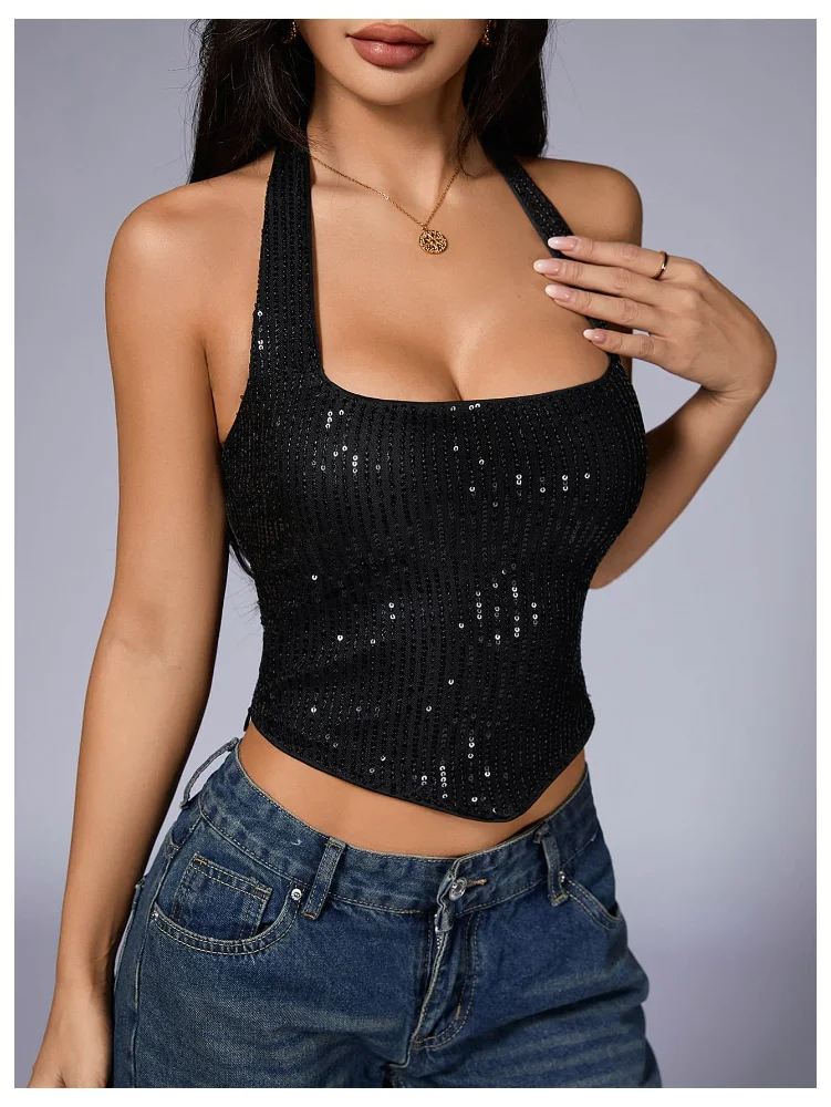 MAKEMECHIC Sequin Sparkly Crop Halter Top, view 2