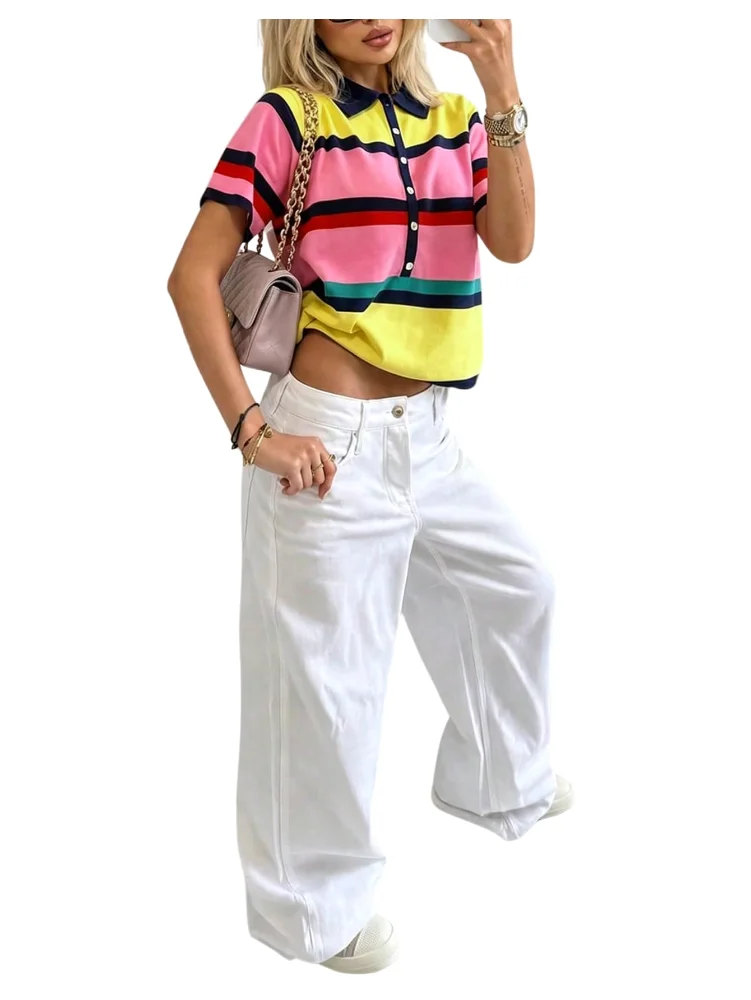MAKEMECHIC Striped Short Sleeve Knit Sweater