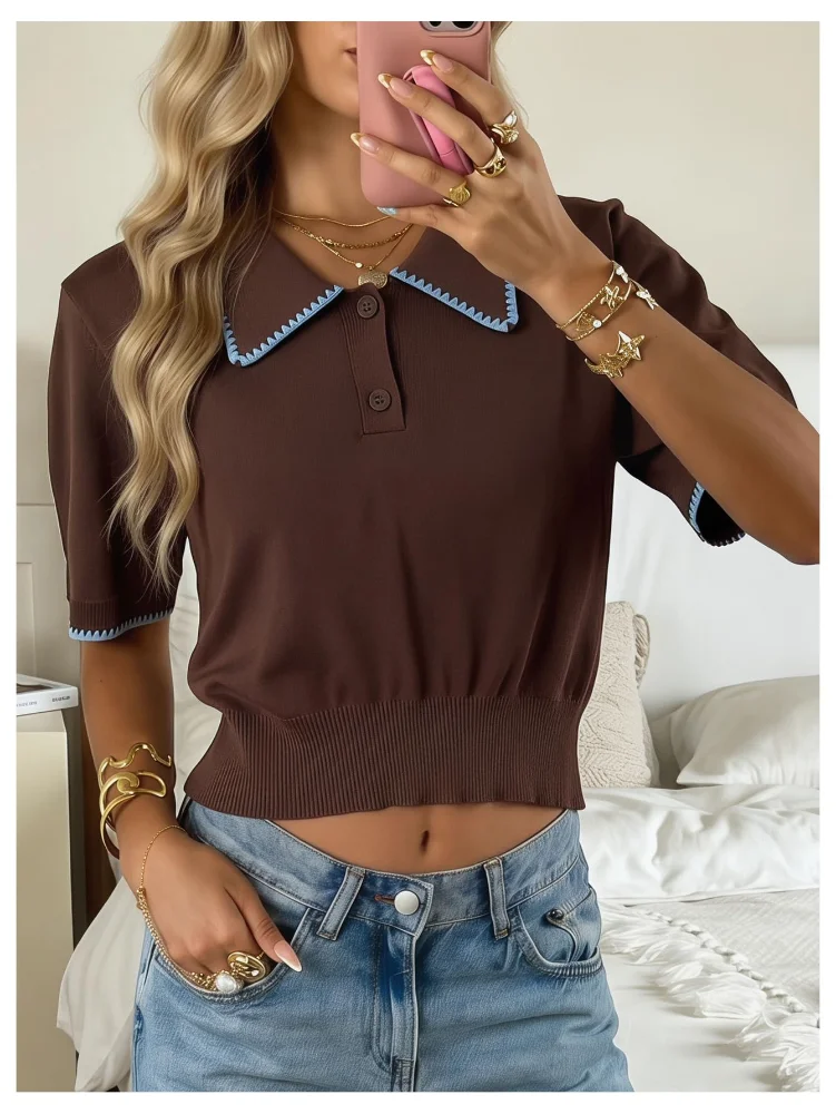 MAKEMECHIC Short Sleeve Cropped Button Up Sweater, view 2