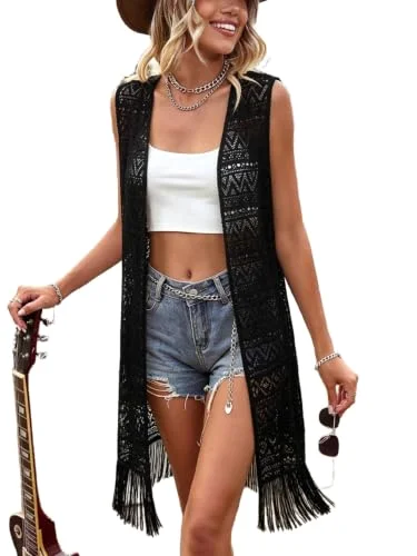 MAKEMECHIC Crochet Fringe Sleeveless Cardigan
