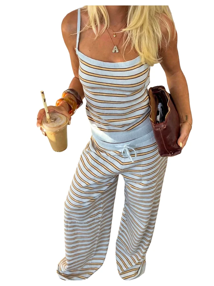 MAKEMECHIC Striped Knit Wide Leg Pants Set
