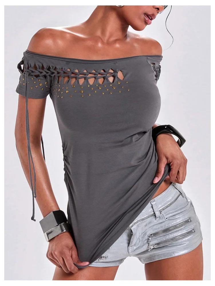 MAKEMECHIC Off Shoulder Cutout Punk Shirt, view 3