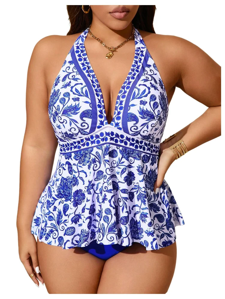 MAKEMECHIC Triangle Thong Floral Bikini Set, halter neck