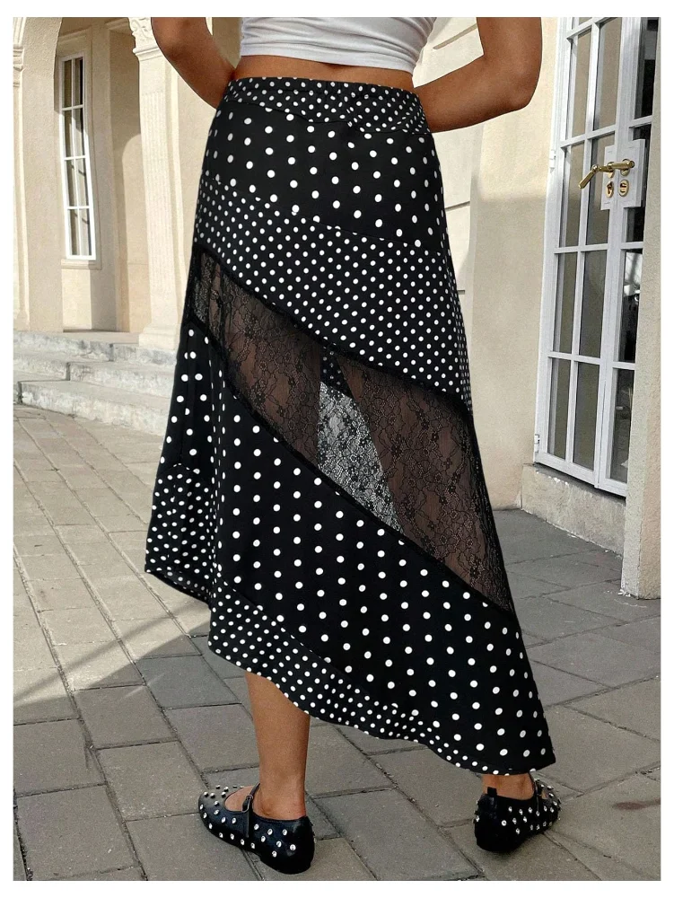 MAKEMECHIC Lace Polka Dot Asymmetrical Midi Skirt, view 3