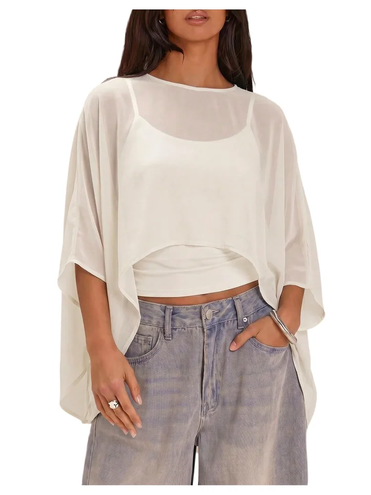 MAKEMECHIC Mesh Sheer Asymmetrical Beach Cover-Up