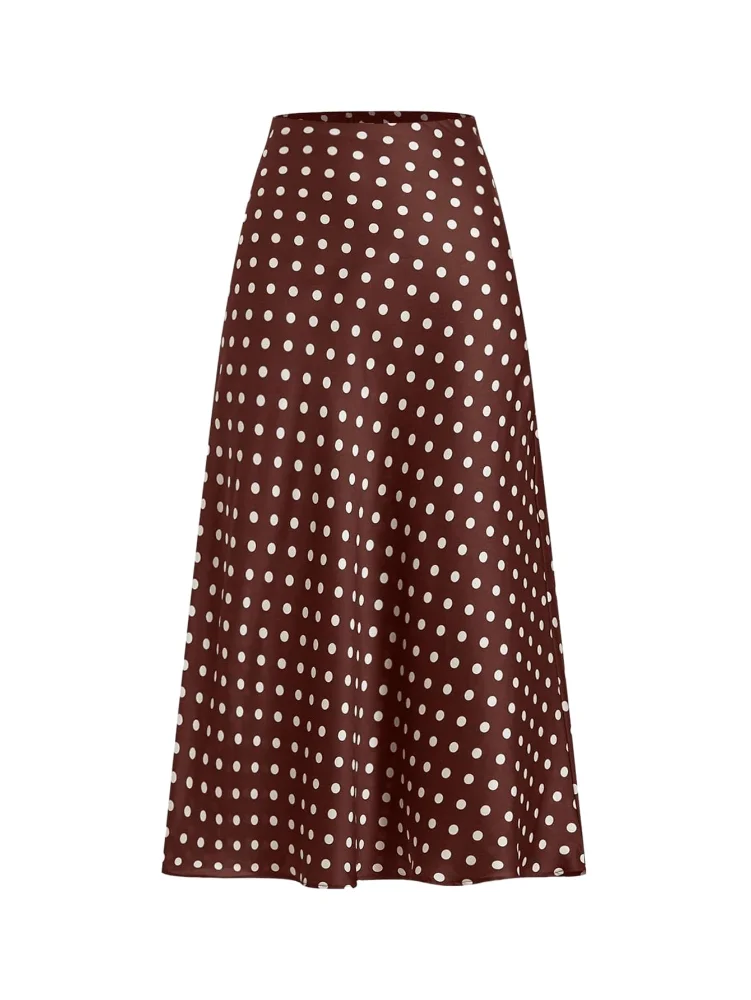 MAKEMECHIC Polka Dot Satin High Waisted Midi Skirt