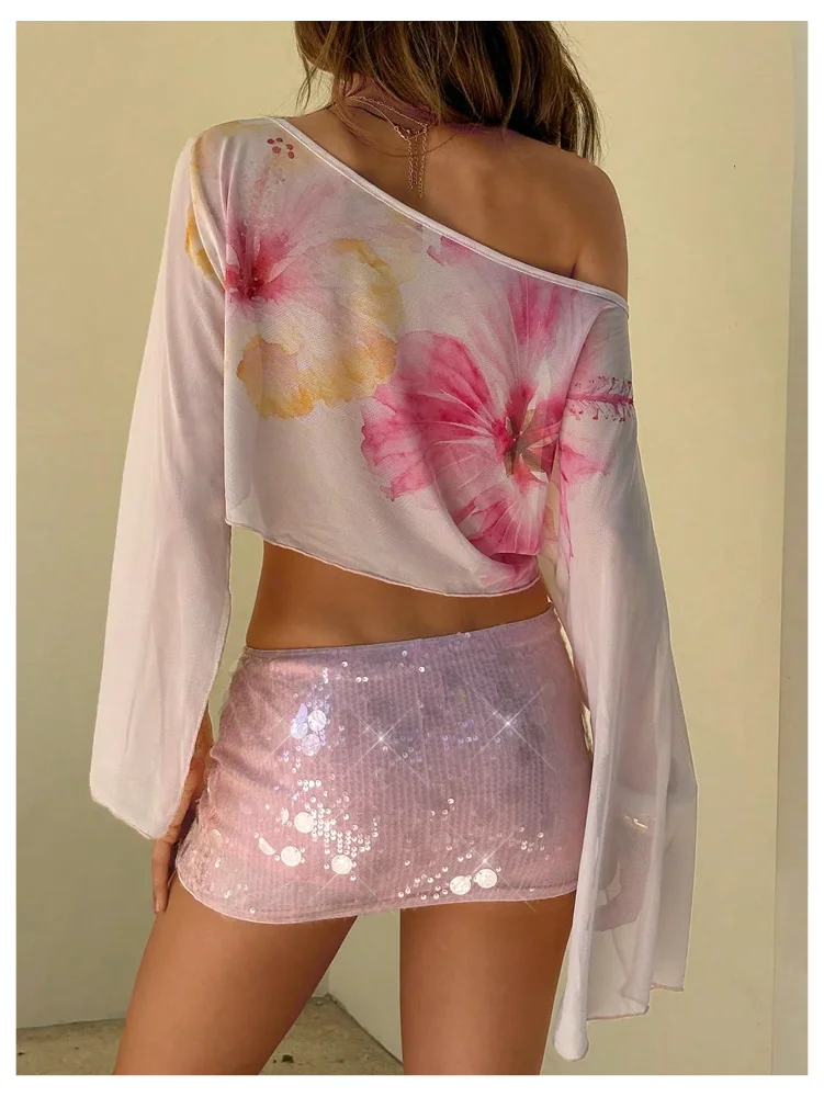 MAKEMECHIC Floral Off The Shoulder Bell Sleeve Beach Cover-Up, view 3
