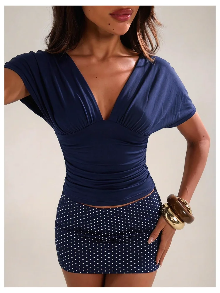MAKEMECHIC Ruched Deep V-Neck Shirt, view 3