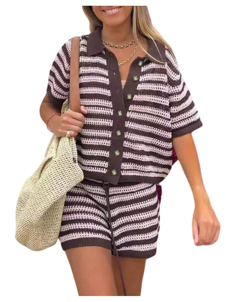MAKEMECHIC Crochet Striped Knit Shorts Set