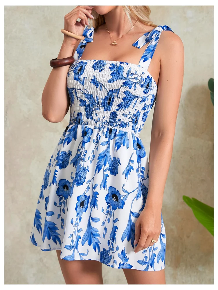 MAKEMECHIC Floral Shirred Tie Mini Dress, view 3