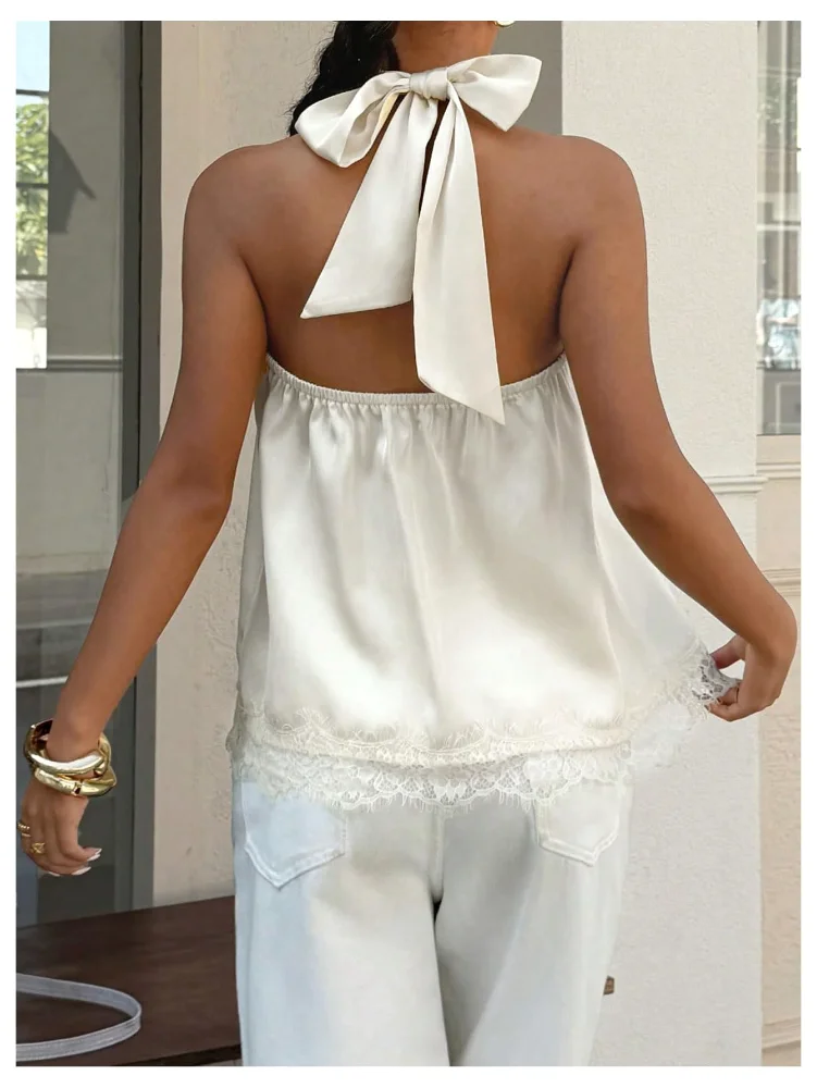MAKEMECHIC Satin Lace Sleeveless Halter Top, view 2