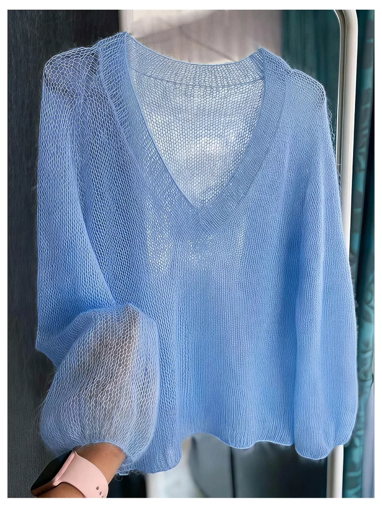 MAKEMECHIC Crochet Long Sleeve V-Neck Sweater, view 2