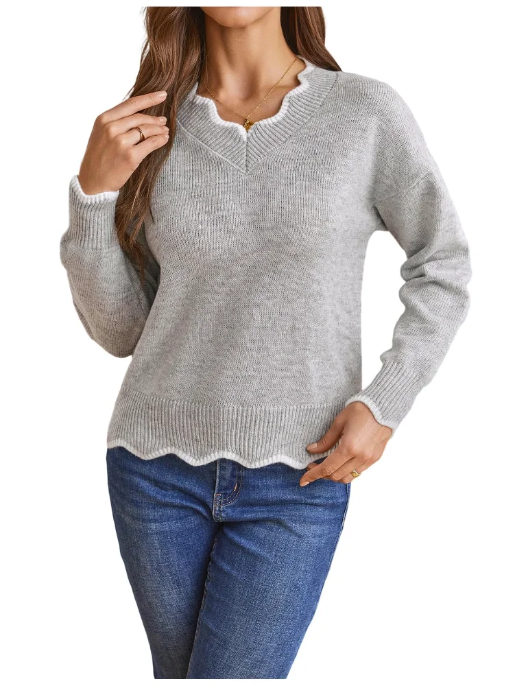 MAKEMECHIC Long Sleeve Lettuce Trim Sweater