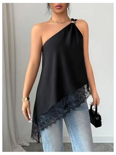 MAKEMECHIC Satin Lace One Shoulder Tank Top, view 3