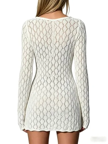 MAKEMECHIC Crochet Mini Beach Cover-Up, long sleeve, view 2