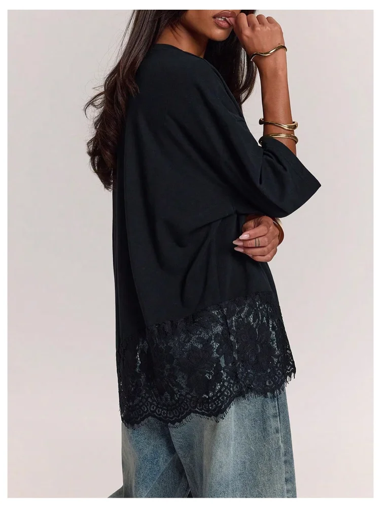 MAKEMECHIC Lace Trim T Shirt, view 3