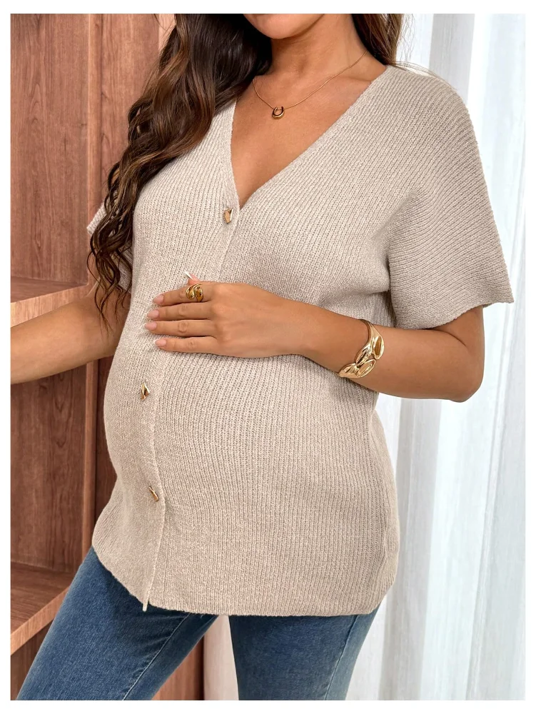 MAKEMECHIC V-Neck Short Sleeve Button Maternity Sweater, view 3