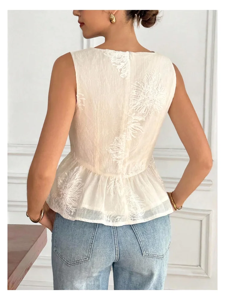 MAKEMECHIC Ruffle Crewneck Jacquard Tank Top, view 3
