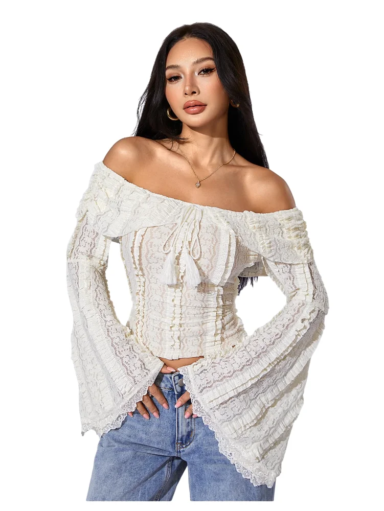 MAKEMECHIC Lace Off The Shoulder Ruffle Crop Top