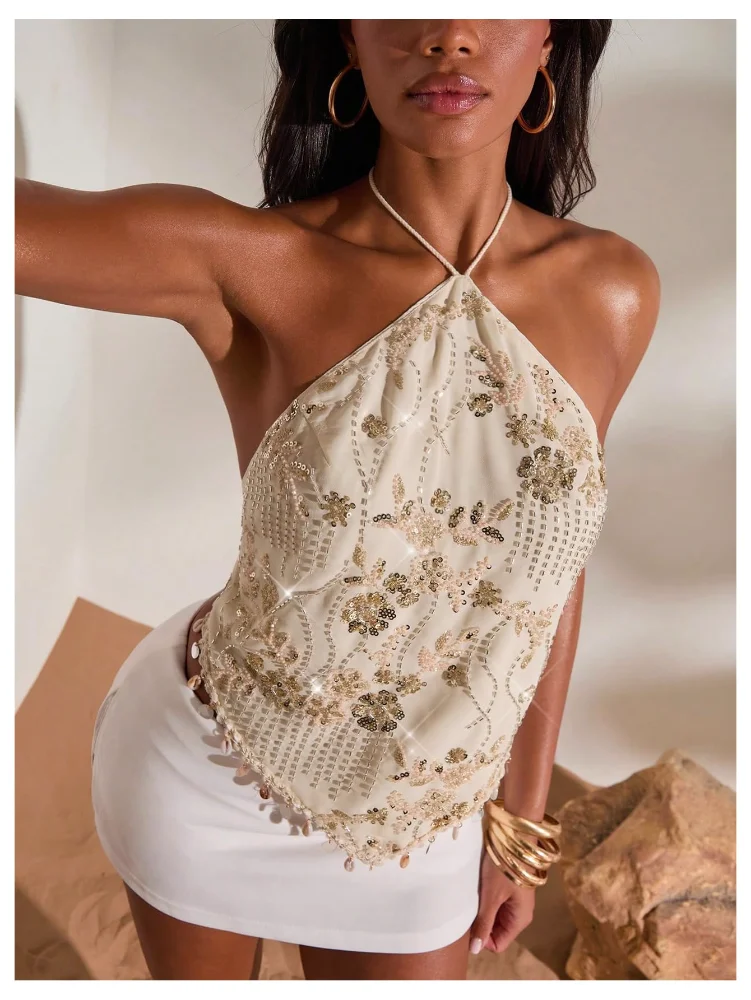 MAKEMECHIC Sequin Backless X-small Halter Top, view 3