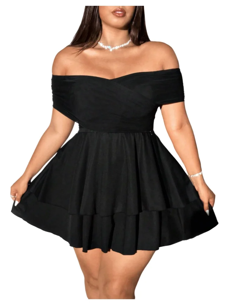 MAKEMECHIC Off The Shoulder Ruffle Layered Mini Dress