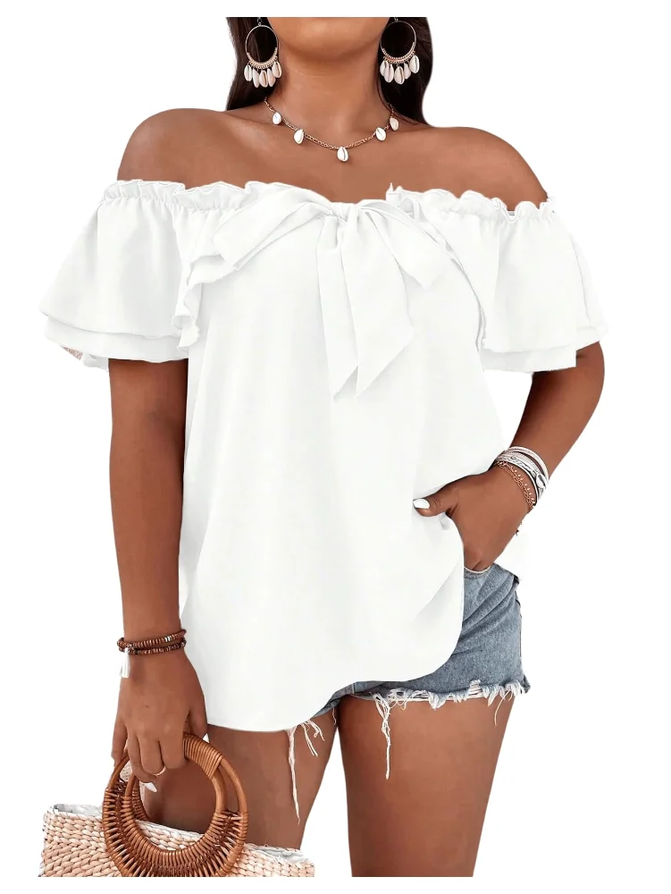 MAKEMECHIC Off Shoulder Ruffle Short Sleeve Shorts