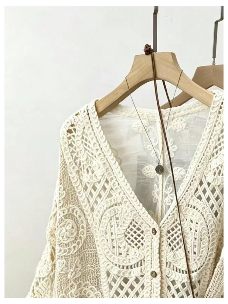 MAKEMECHIC Lightweight Button Down Crochet Cardigan, view 3