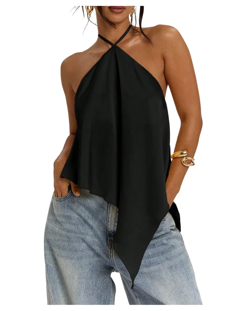 MAKEMECHIC Satin Cropped Ruffle Halter Top