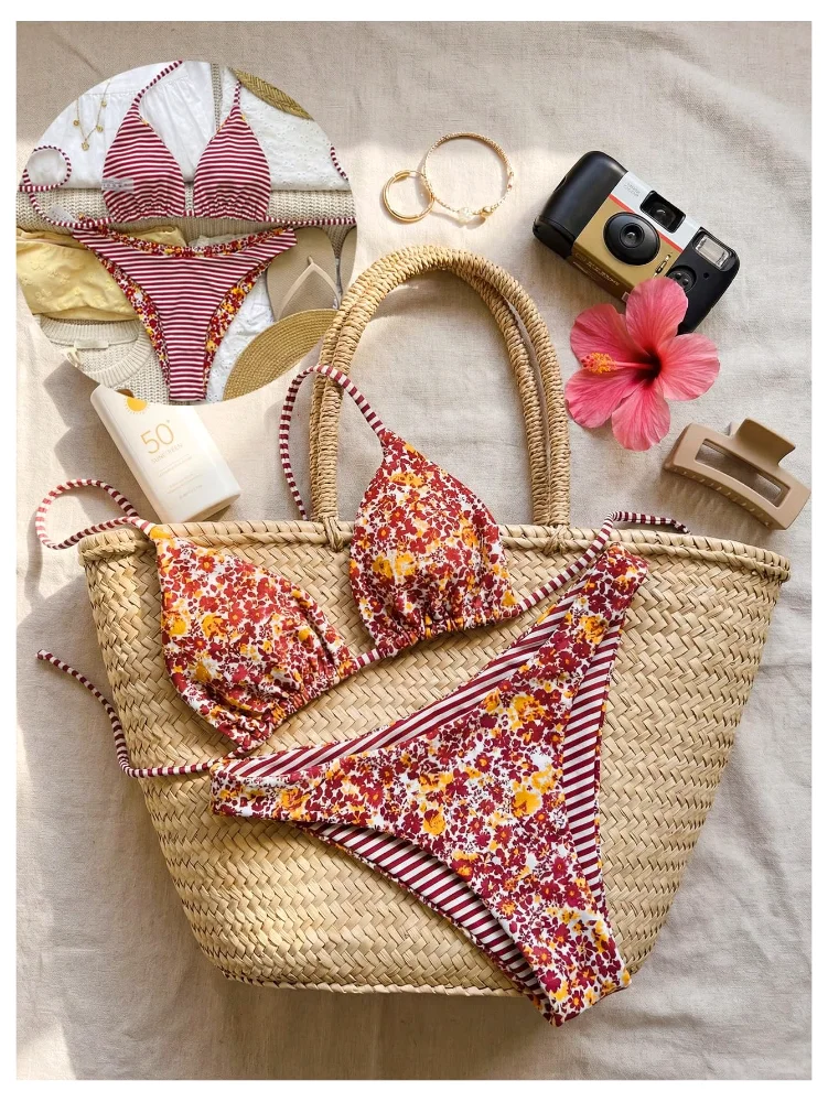 MAKEMECHIC Striped Floral Triangle Bikini Set, view 3