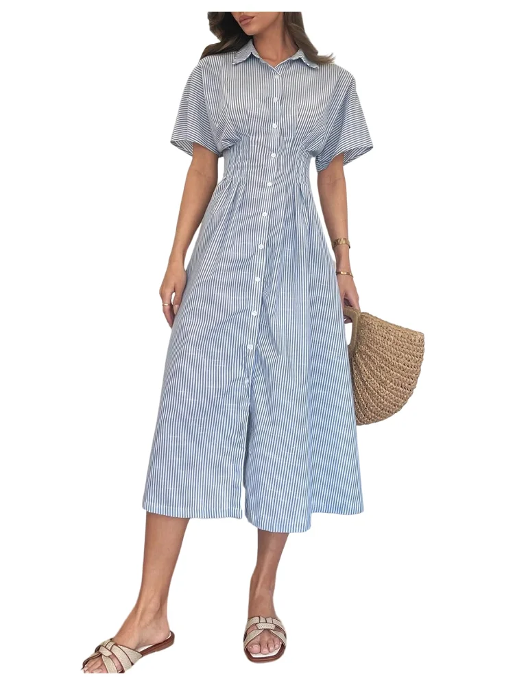 MAKEMECHIC Striped Button Down Short Sleeve Midi Dress