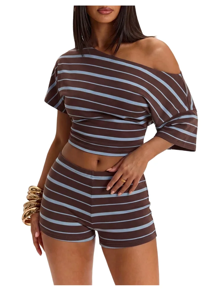 MAKEMECHIC Striped Off The Shoulder Mini Two-Piece Set