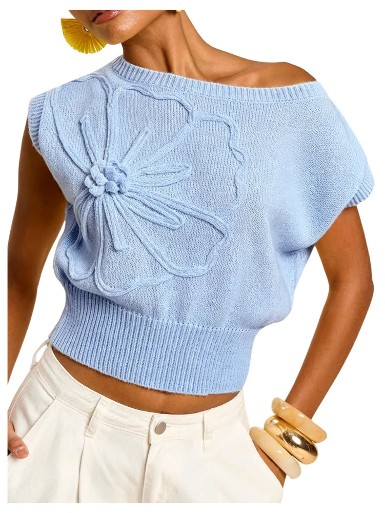 MAKEMECHIC Short Sleeve Cropped Off The Shoulder Sweater Vest