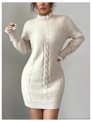 MAKEMECHIC Button Lace Cable Knit Mini Dress, view 3