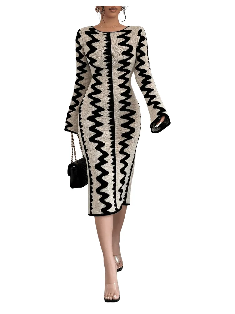 MAKEMECHIC Graphic Long Sleeve Bodycon Midi Dress