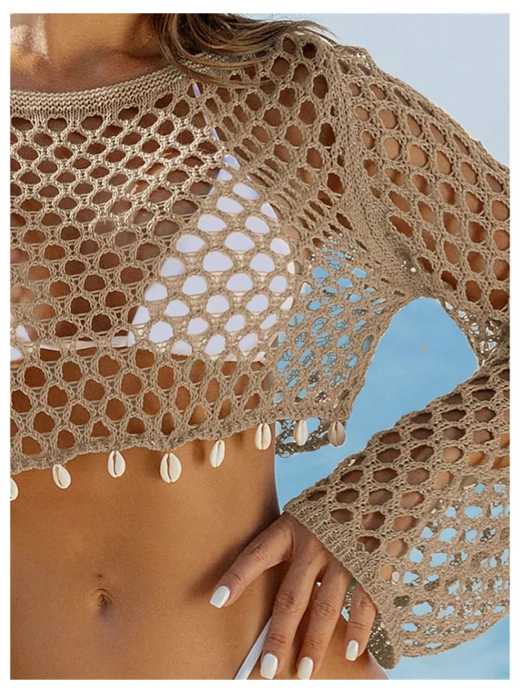 MAKEMECHIC Crochet Long Sleeve Beach Cover-Up, view 2
