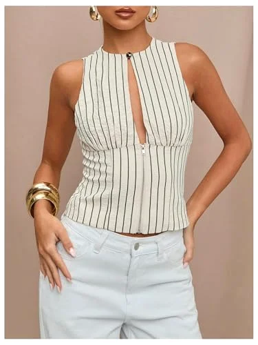 MAKEMECHIC Cut Out Striped Sleeveless Tank Top, view 2