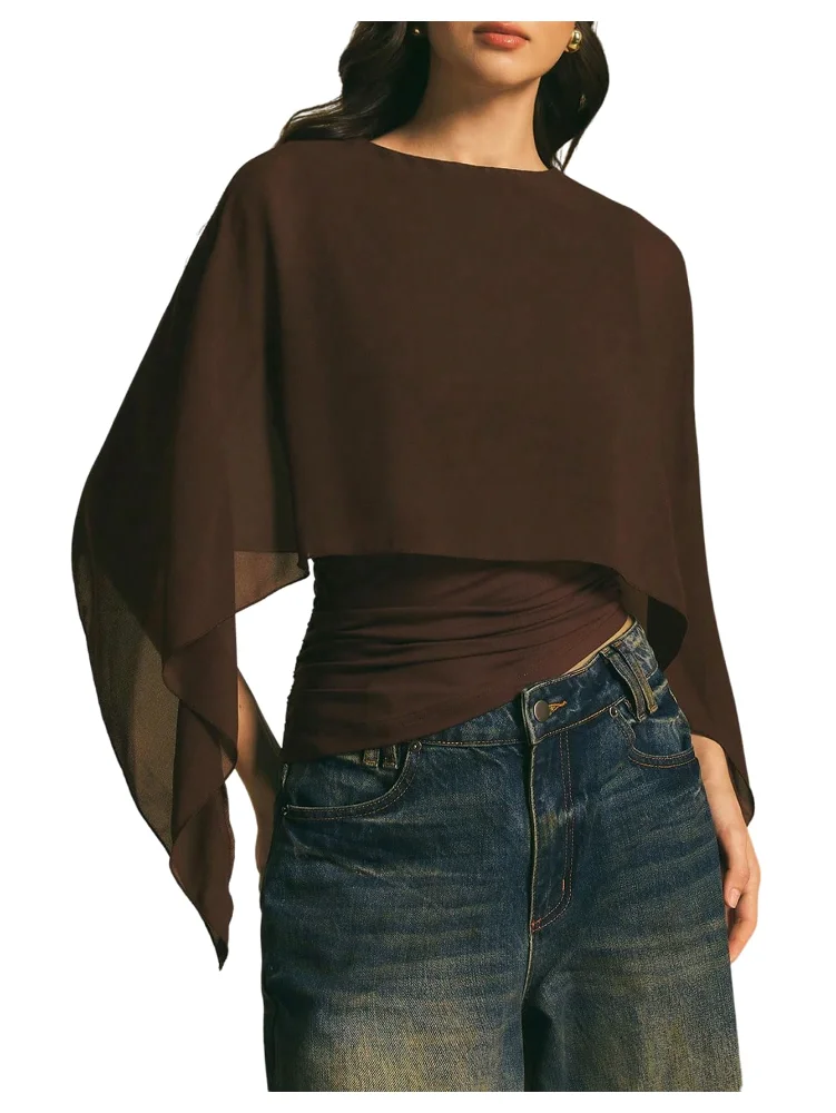 MAKEMECHIC Asymmetrical Sheer Mesh Blouse