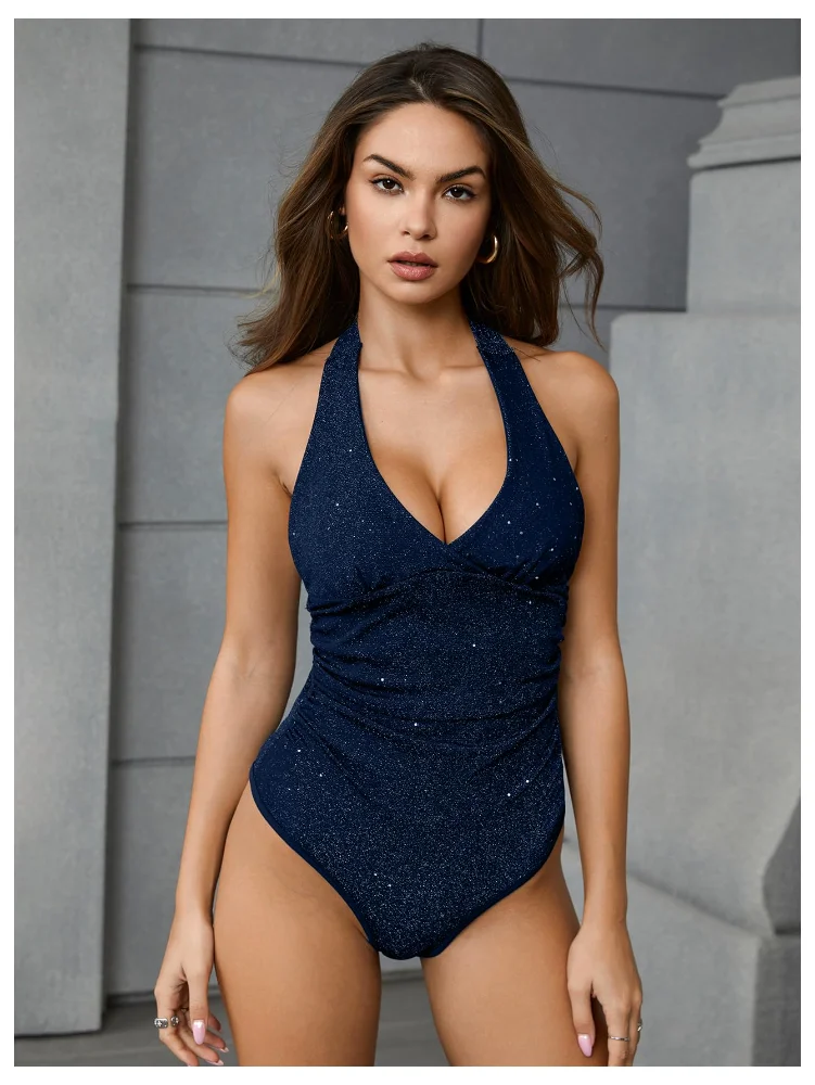 MAKEMECHIC Sparkly Deep V-Neck Bodysuit in Blue, view 3