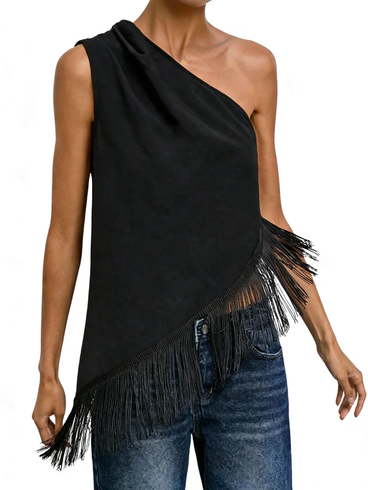 MAKEMECHIC Asymmetrical Fringe Sleeveless Tank Top