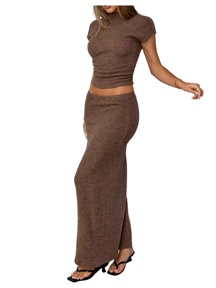 MAKEMECHIC Knit Mock Neck Short Sleeve Two-Piece Set