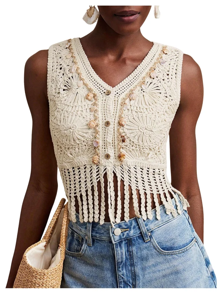 MAKEMECHIC Crochet Hollow Fringe Crop Top