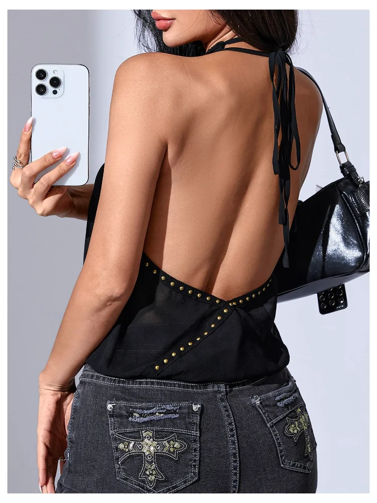MAKEMECHIC Sheer Mesh Cowl Neck Halter Top, sleeveless, view 3