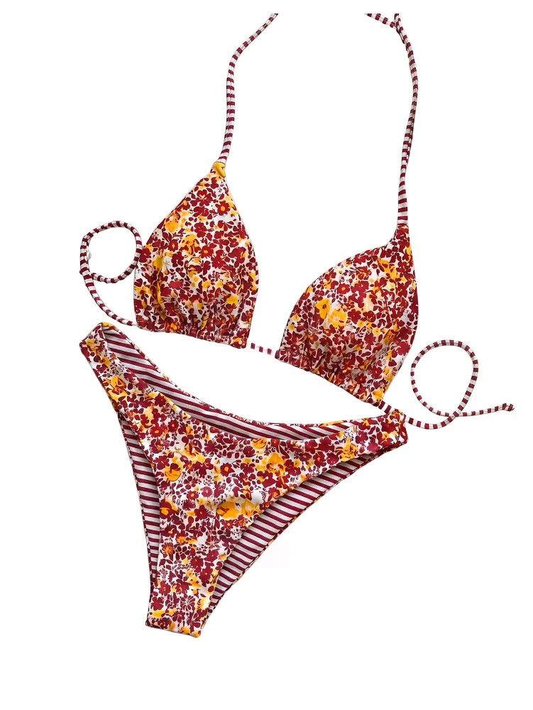 MAKEMECHIC Striped Floral Triangle Bikini Set