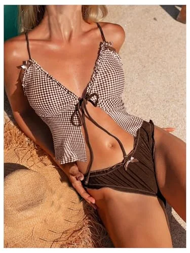 MAKEMECHIC Gingham Tie Front Ruffle Bikini Set, view 2