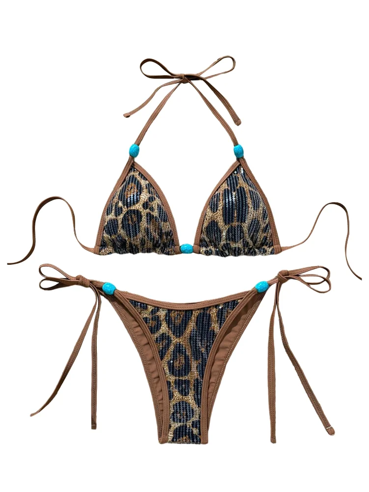 MAKEMECHIC Cheetah Print Sequin Sparkly Bikini Set