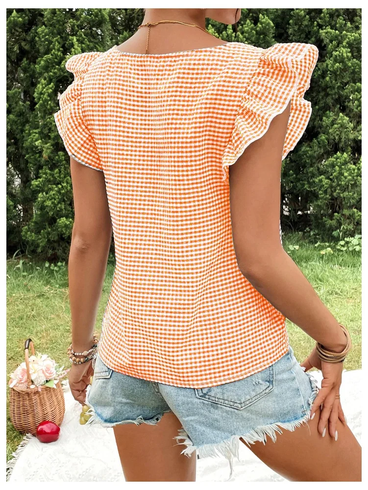 MAKEMECHIC Gingham Plaid Cap Sleeve Shirt, view 3